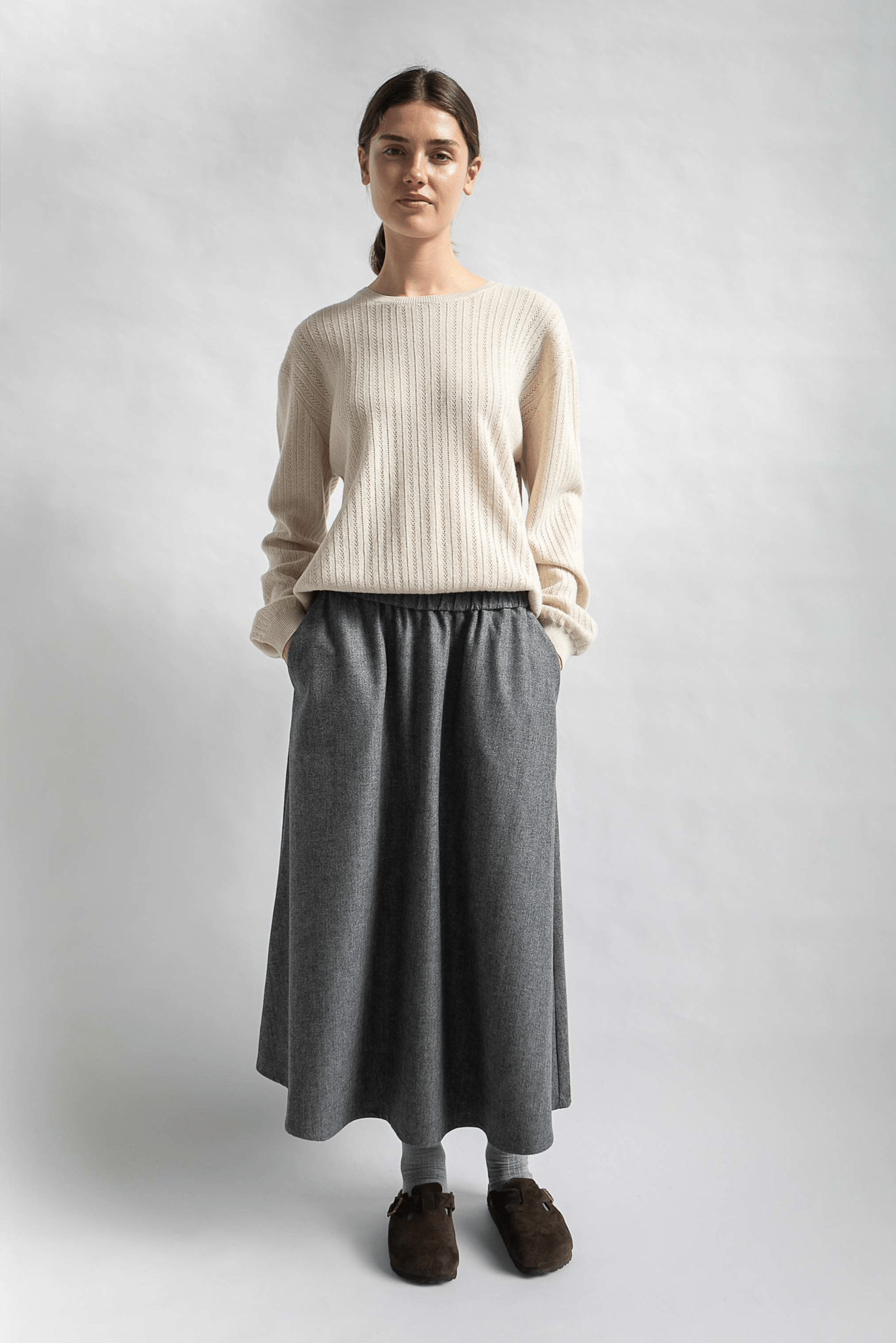 AGNES WOOL SKIRT - GREY HERRINGBONE